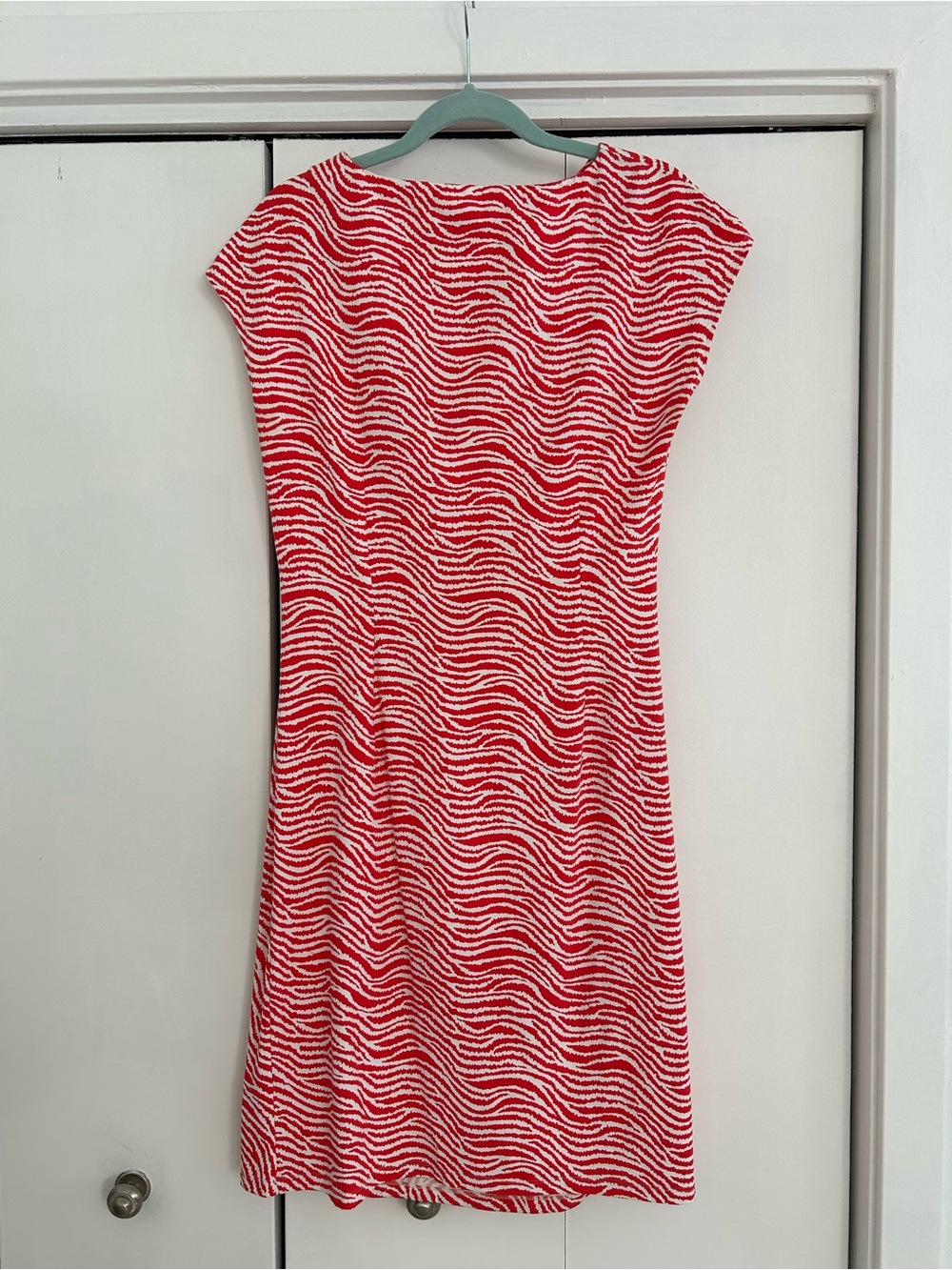 J.McLaughlin Sage Ruched Dress Coral Red White Zebra Wave Pattern Large L